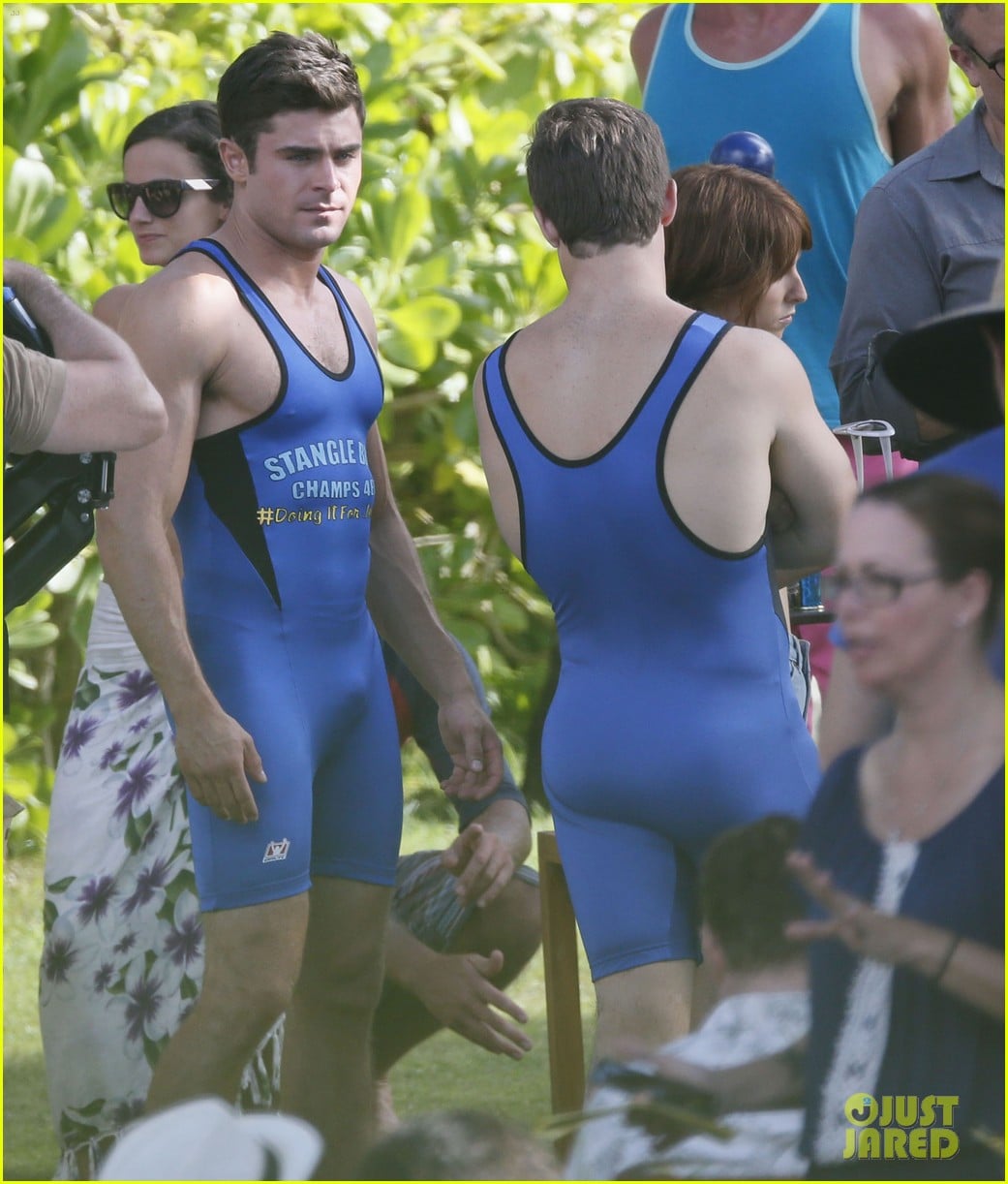 Full Sized Photo Of Zac Efron Skintight Wrestling Onesie Adam Devine 01 Photo 3396264 Just Jared