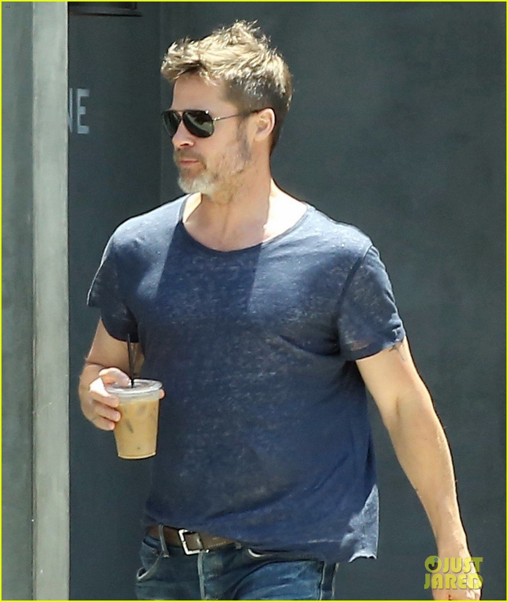 Full Sized Photo of brad pitt sips on iced coffee after lunch with