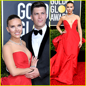 Scarlett Johansson Wows In Plunging Red Gown At Golden Globes 2020 2020 Golden Globes Colin Jost Golden Globes Scarlett Johansson Just Jared