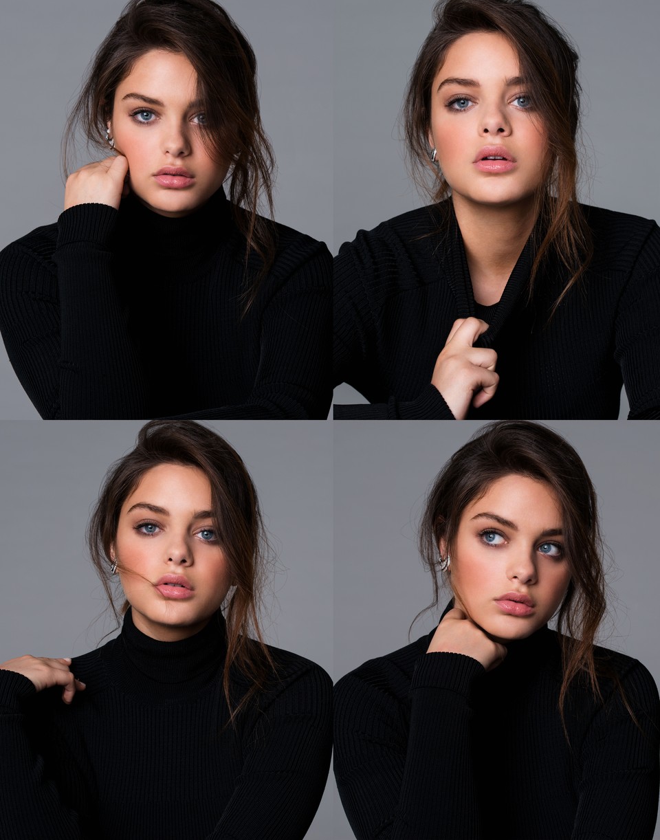 Four portrait photos of Odeya Rush in a black Carven sweater