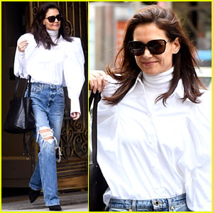 Katie Holmes Pairs Puff Sleeves With Ripped Jeans for Business Meeting